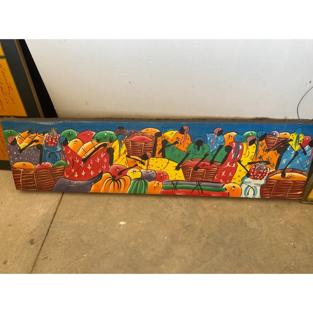 Vintage Haitian Folk Art Market Scene Oil Painting Signed Panoramic Canvas